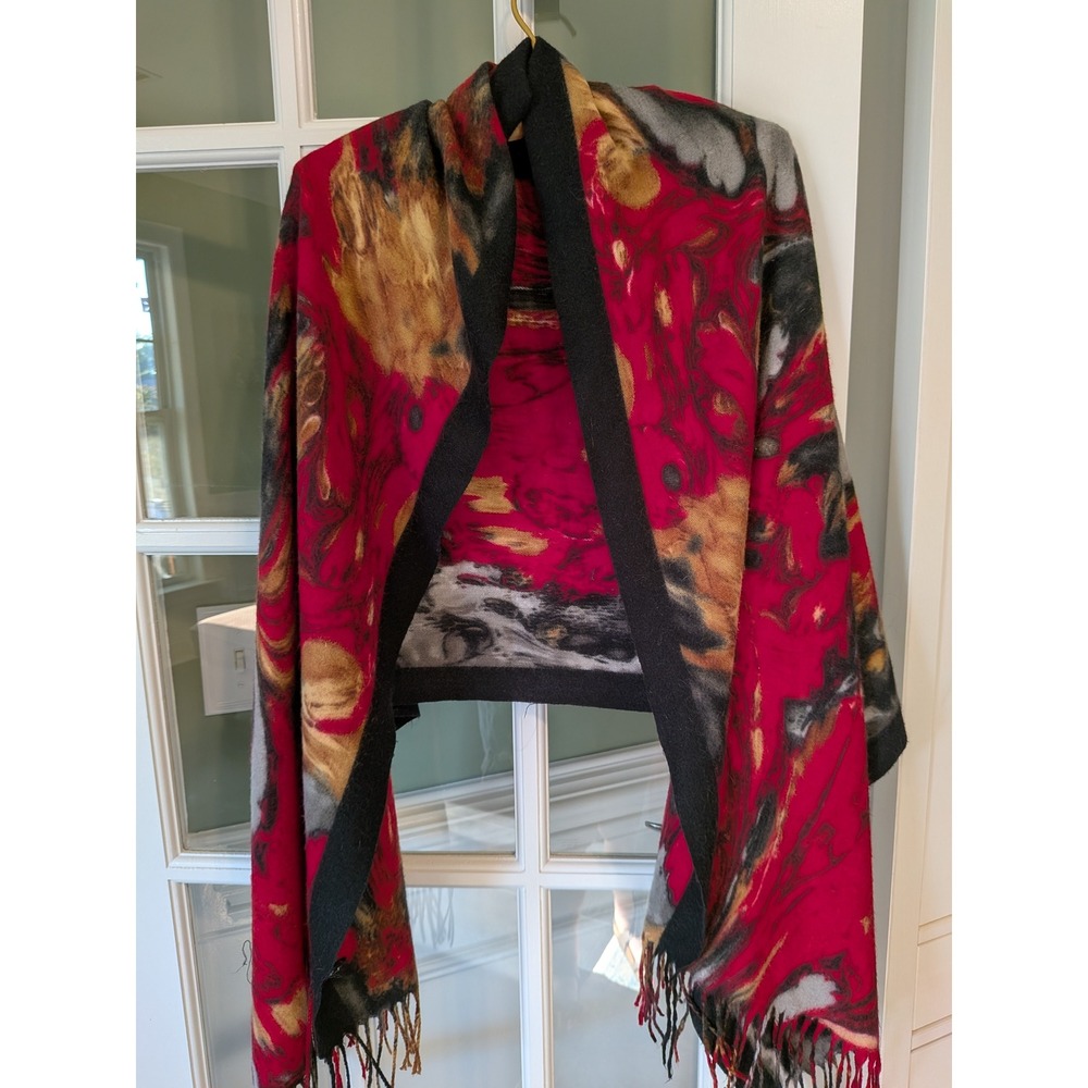Abstract Marble Print Soft Shawl Scarf Red Gold Grey Black Oversized Fringe Wrap